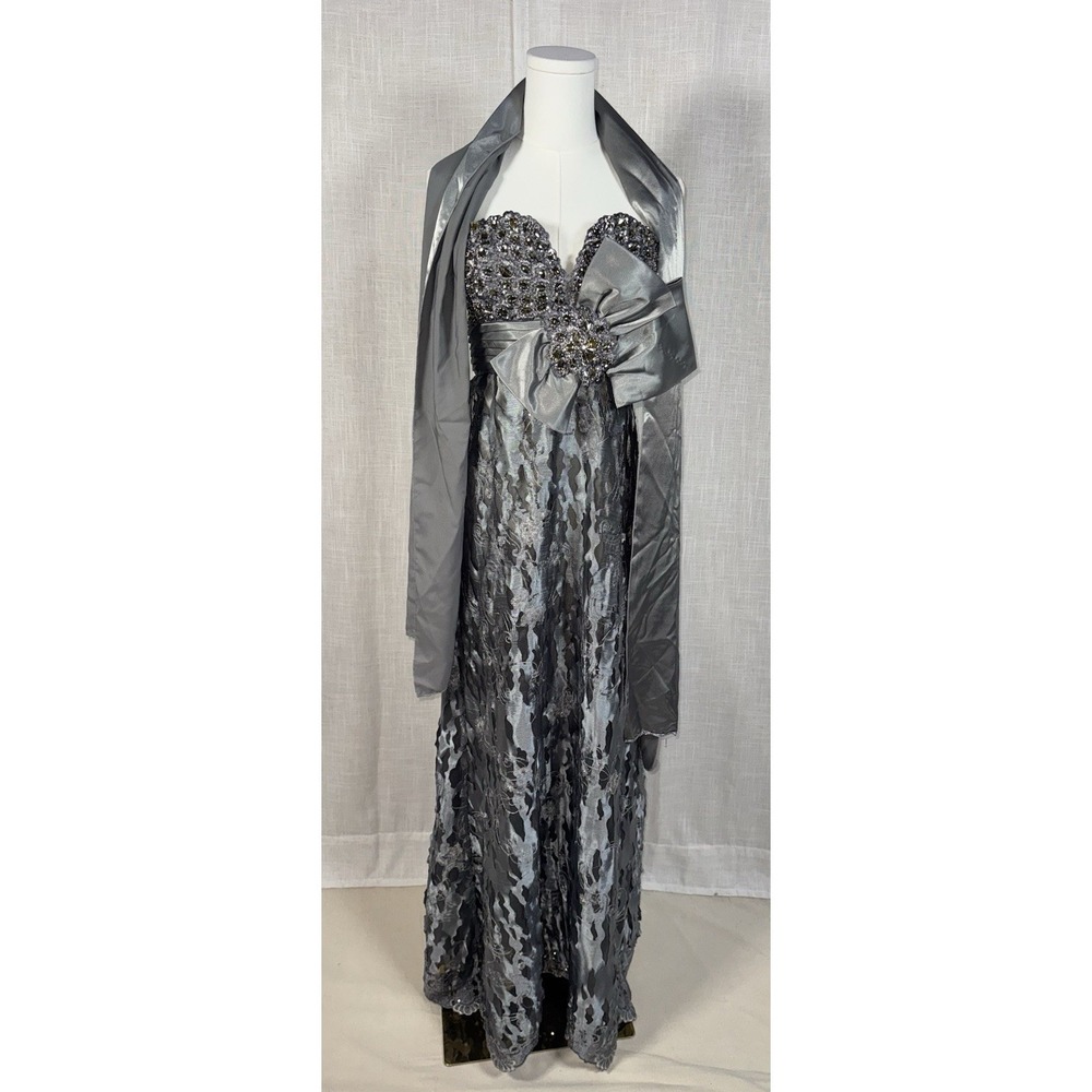 Silver Strapless Embellished Lace Evening Prom Dress 4 Gown Bow Shawl Whimsigoth